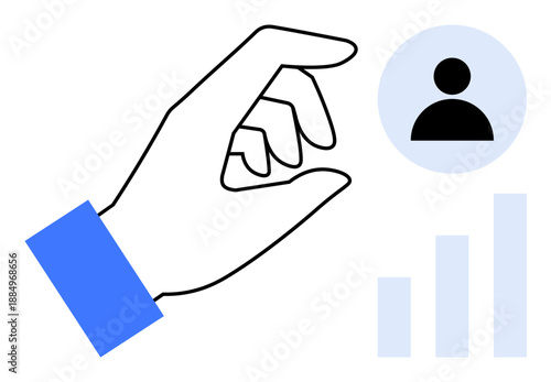 Recruitment concept. Recruitment hand selecting a user with data analytics bars. Recruitment improves human resources by better understanding workforce data. For HR, analytics, data-driven