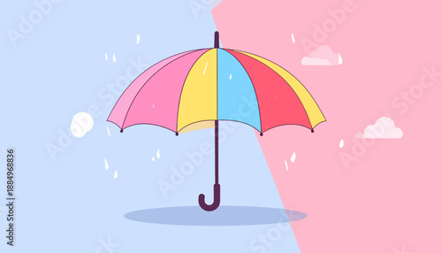 Cartoon Umbrella in Rainy Weather with Clouds
