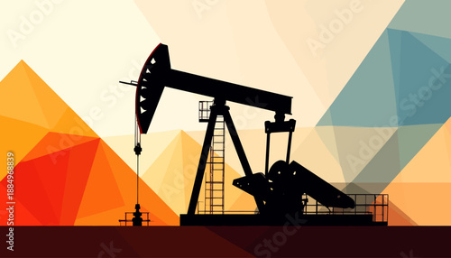 Silhouette of Oil Pump Jack on Geometric Background
