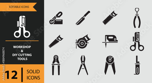 A comprehensive set of 12 solid editable icons featuring essential workshop and diy cutting tools
