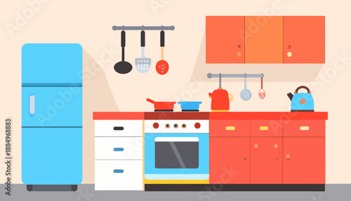 Kitchen interior with furniture and appliances illustration