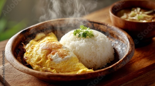 Delicious steaming omelet served with fluffy white rice and a small bowl of soup on a rustic wooden table, perfect for a hearty breakfast or lunch meal