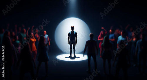 Lonely Person in Dark Room Minimalist Style for Mental Health Awareness, social anxiety, stage fright, and the overwhelming pressure of being the center of attention in public spaces.