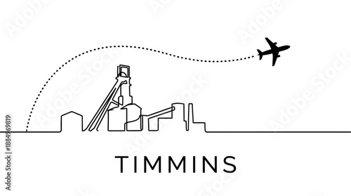 Timmins city skyline and airplane continuous line vector illustration