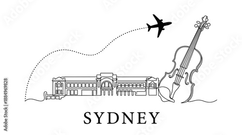 Sydney city landmark with violin and airplane travel vector illustration