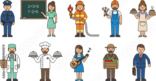 Diverse Collection of Professional People Cartoon Characters Set Including Doctor Teacher Firefighter Chef Policeman and Businessmen Vector Illustration on White