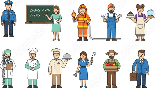 Collection of Diverse Professional People Cartoon Characters Set Including Teacher Doctor Firefighter Chef Policeman and Businessmen Vector Illustration Isolated on White