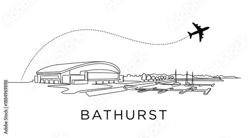 Bathurst city skyline with airplane and marina vector illustration
