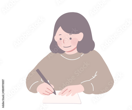 笑顔で書き物をする女性　フラットイラスト