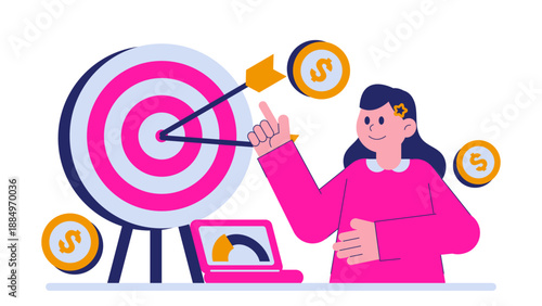 A woman pointing at a large target with arrows hitting the bullseye and floating dollar coins