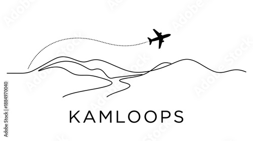 Kamloops landscape with airplane flying line art vector illustration