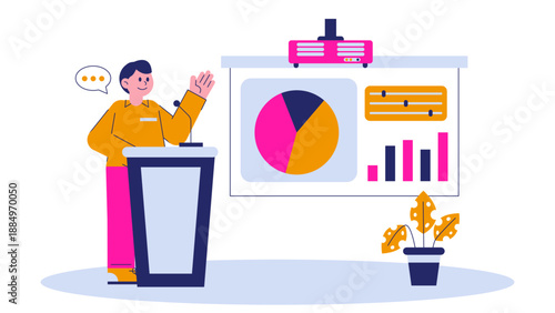 A man standing at a podium giving a presentation with a pie chart on the screen