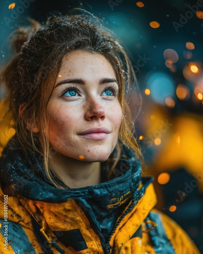 Winter Adventure Girl in Snowflakes Closeup and Sparks, Emotional Resonance