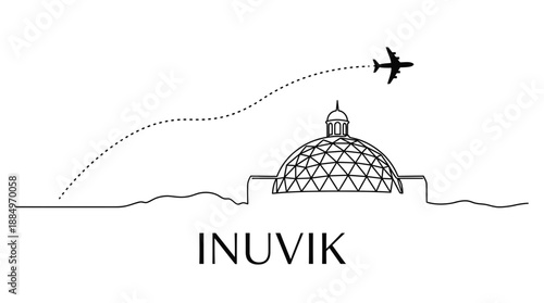 Inuvik landmark Igloo Church and airplane flight vector illustration