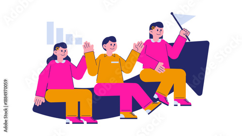 Business team sitting on a giant upward arrow celebrating growth and holding a flag to signify reaching targets