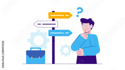 Confused businessman standing in front of multiple direction signposts trying to make a strategic decision