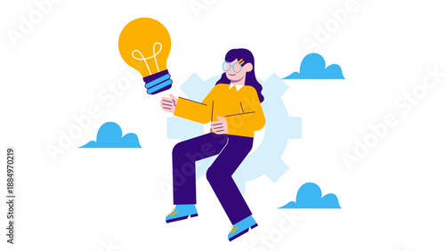 Woman floating in the clouds next to a large light bulb and gears representing high-level business inspiration and ideas