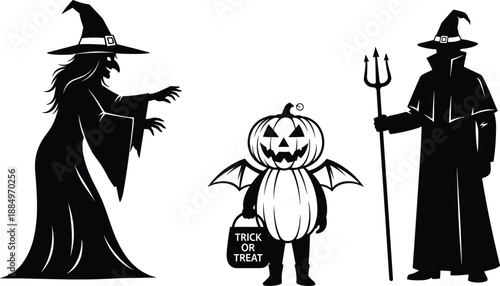 Halloween witch pumpkin demon silhouettes trick or treat characters vector illustration for spooky horror fantasy celebration design icon poster branding