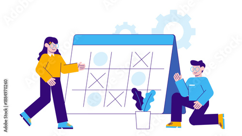 Two professionals organizing their work schedule on a giant calendar with checkmarks and icons to manage time and deadlines