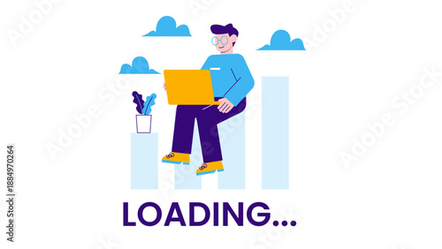 A man working on a laptop while sitting on a bar chart with clouds and a loading text indicating data processing and preparation