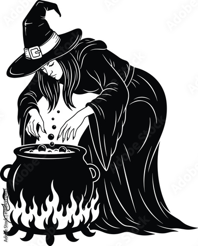 Halloween witch brewing potion in cauldron silhouette vector illustration for spooky magic horror fantasy celebration design branding icon poster artwork