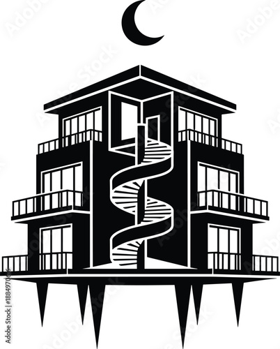 Surreal haunted house silhouette with spiral staircase floating architecture vector illustration for mystery horror fantasy concept design branding poster icon