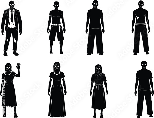 Scary zombie people silhouettes collection male and female characters black vector illustration set for horror apocalypse design poster icon