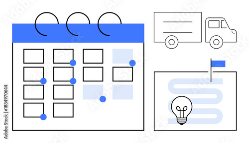 Logistics concept. Logistics planning with a calendar, delivery truck, and workflow diagram. Logistics to streamline operations and track progress. For supply chain, scheduling, business