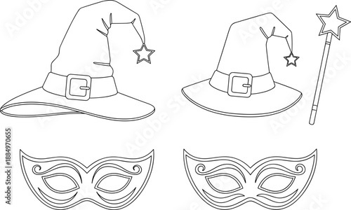 Witch hats magic wand and masquerade masks outline vector illustration set for halloween costume party carnival design coloring stencil