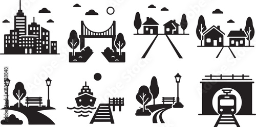 Cityscape and transportation icons in black and white illustration