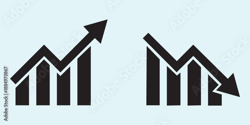Graph going down and up sign with green and red arrows, vector illustration of bar chart symbols, depicting sales decrease and growth, ideal for business analytics, financial reports 