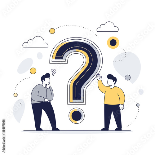 Business Problem Solving Concept Illustration with Two People and Giant Question Mark, Team Brainstorming, FAQ, and Seeking Solutions Together