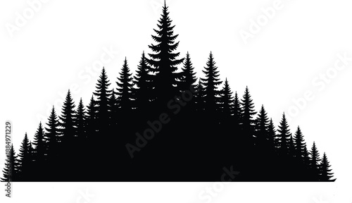 Black silhouette of a dense pine forest landscape with evergreen coniferous trees isolated on white background for outdoor nature designs.