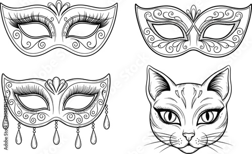Elegant carnival masquerade masks and cat face line art vector set for Halloween party decoration and mystery design illustration collection