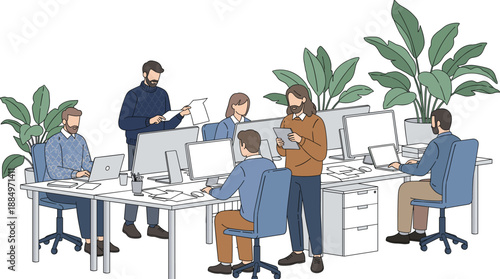 Office Team Collaboration Illustration with Business People Working at Desks, Using Computers, Discussing Projects, and Analyzing Data in a Modern Workplace Environment