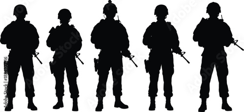 Black silhouette of armed soldiers standing in formation on white background representing military security, defense forces, tactical readiness, patrol duty, and national protection concept