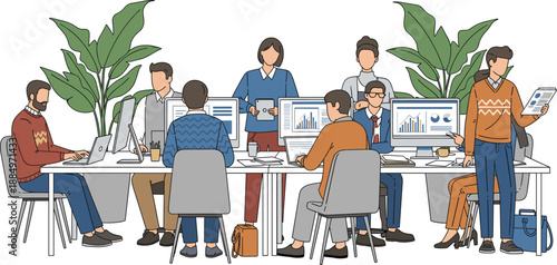 Modern Office Teamwork Illustration with Diverse Business People Collaborating at Shared Desk, Using Computers, Analyzing Data, and Working Together in Startup Environment