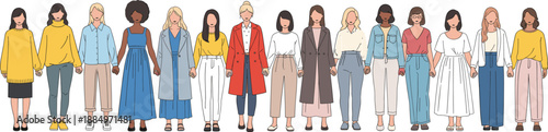 Diverse Women Standing Together Illustration Set with Inclusive Female Characters, Different Body Types, Fashion Styles, and Cultures Representing Unity and Empowerment