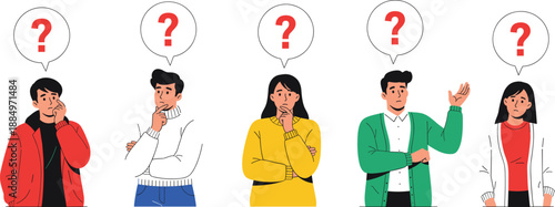 People Thinking and Asking Questions Illustration Set with Diverse Characters, Question Mark Speech Bubbles, Confusion and Decision Making Concept for Business Designs