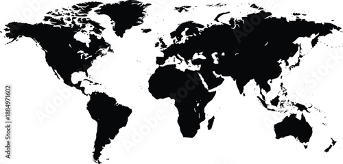 Minimalist black world map silhouette on white background representing global geography, continents outline, international travel, business, education, data visualization, cartography, and 