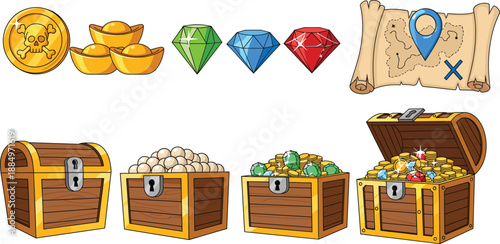 Treasure Hunt Illustration Set with Gold Coins, Gems, Map, and Pirate Chests Filled with Jewels and Riches for Adventure, Game, and Fantasy Designs