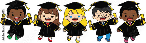 Cute Graduation Children Illustration Set with Happy Kids Wearing Caps and Gowns, Holding Diplomas, Multicultural Students Celebrating School Graduation Success