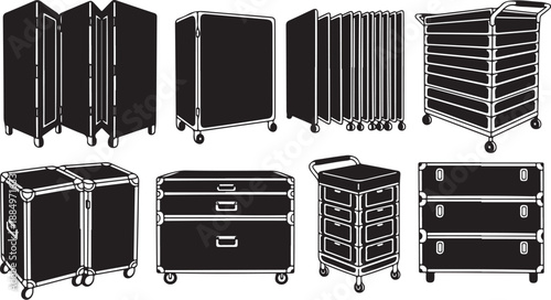 Variety of Black Road Cases and Equipment Trunks with Wheels