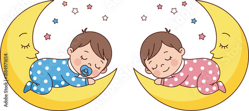 Cute Sleeping Baby Illustration Set with Twins Resting on Crescent Moon, Night Sky Stars, Nursery Art, Bedtime Concept, and Sweet Dream Theme