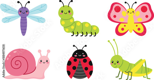 Cute Insect Illustration Set with Butterfly, Caterpillar, Ladybug, Dragonfly, Snail, and Grasshopper in Kawaii Cartoon Style for Kids and Nature Designs