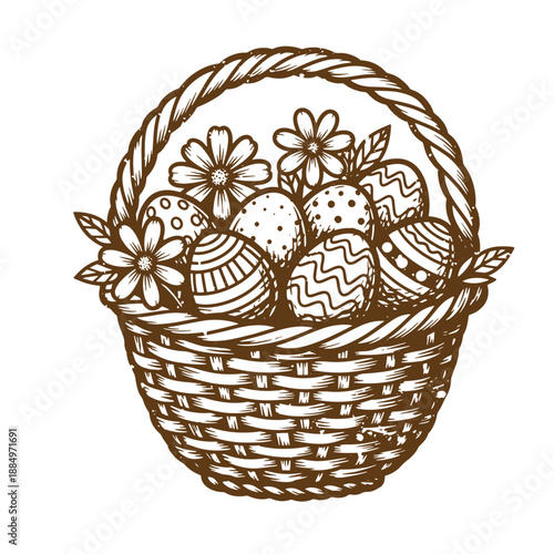 Drawing Vintage grunge  texture Brown illustration of Easter eggs in a wicker basket with flowers isolated on white background