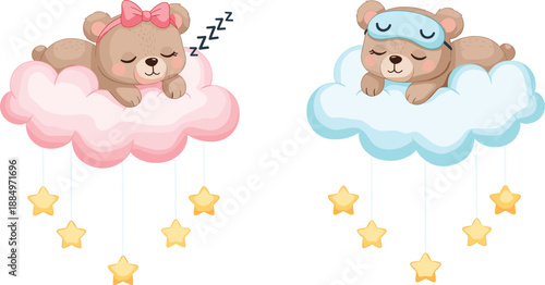 Cute Sleeping Teddy Bear Illustration Set on Clouds with Stars, Kawaii Nursery Characters for Baby Room Decor, Kids Design, and Dreamy Childhood Themes
