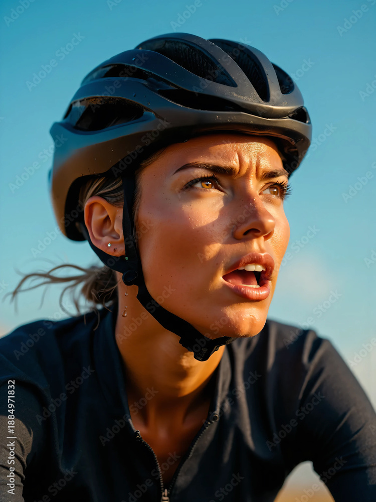 Fototapeta premium Close-up portrait of a determined female cyclist wearing a protective helmet during an intense training ride. Strong expression and dramatic lighting highlight endurance, fitness and motivation.