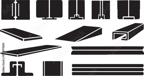 Various black metal profiles and sheets on white background