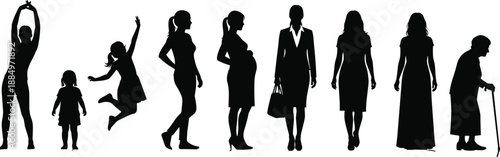 Woman life stages silhouettes vector illustration set, female age progress from childhood to senior, pregnancy business and adult figures, different phases 